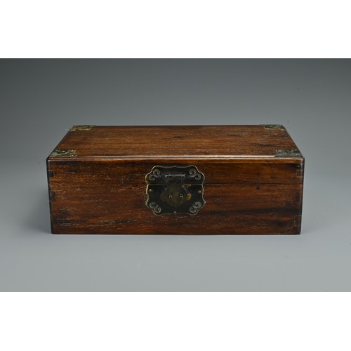 72 - A Chinese hardwood rectangular form box with metal handles and fittings. Together with six printed C... 