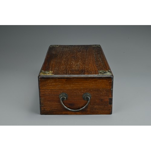 72 - A Chinese hardwood rectangular form box with metal handles and fittings. Together with six printed C... 