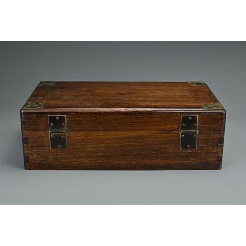 72 - A Chinese hardwood rectangular form box with metal handles and fittings. Together with six printed C... 