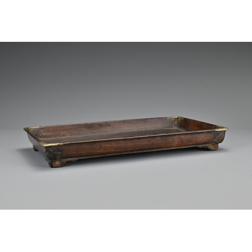 73 - A Chinese hardwood cylindrical box and cover together with a hardwood tray on four feet with metal f... 