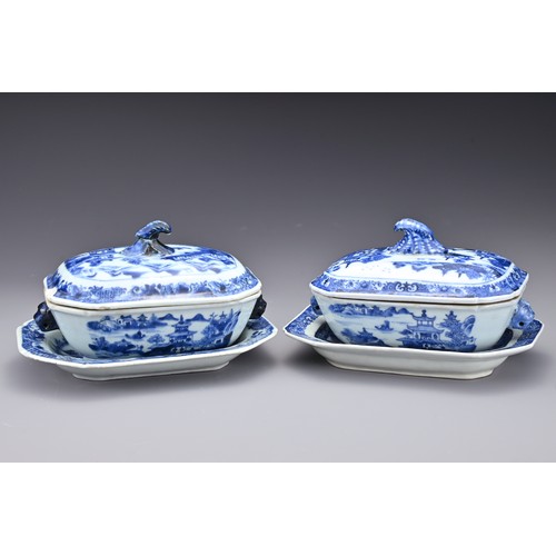 77 - A pair of Chinese 18th Century blue and white porcelain tureens and covers with dishes. The four pie... 