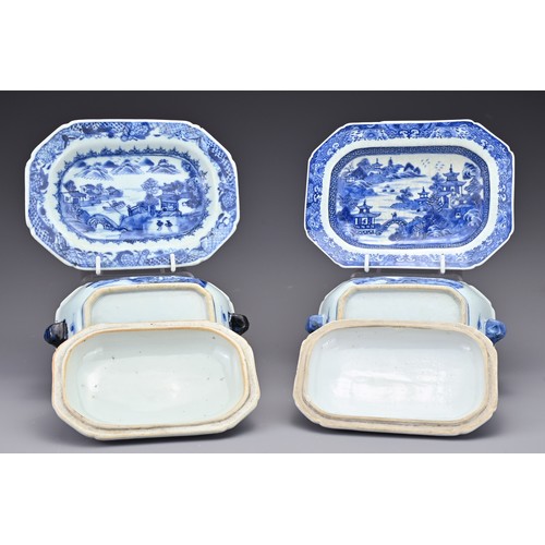 77 - A pair of Chinese 18th Century blue and white porcelain tureens and covers with dishes. The four pie... 