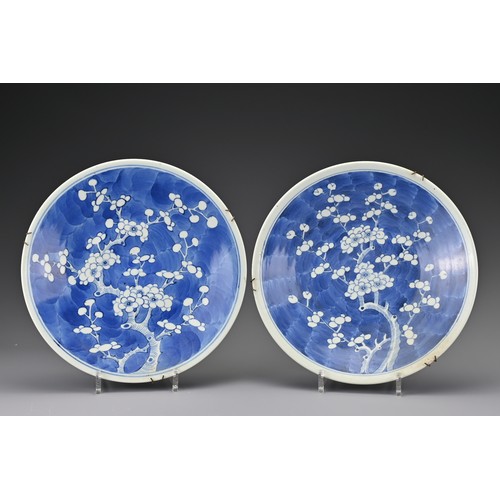 79 - A pair of Chinese 19th century blue and white porcelain dishes. Each decorated with flowering prunus... 