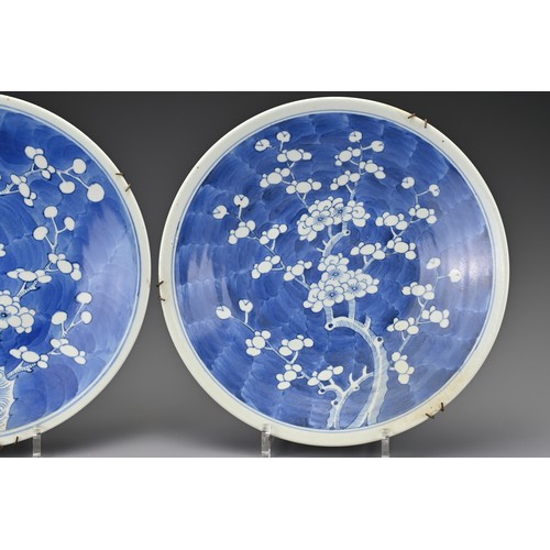 79 - A pair of Chinese 19th century blue and white porcelain dishes. Each decorated with flowering prunus... 