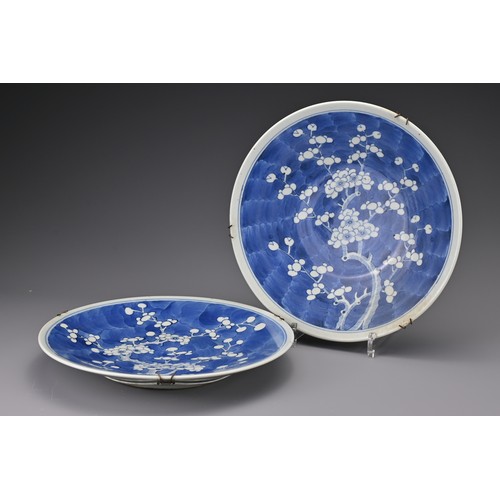 79 - A pair of Chinese 19th century blue and white porcelain dishes. Each decorated with flowering prunus... 