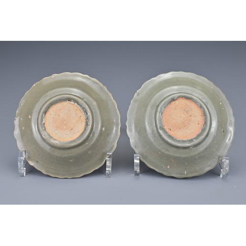 83 - A pair of Chinese Yuan/Ming dynasty Longquan celadon dishes. Lobbed with impressed floral spray to t... 