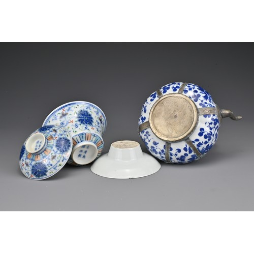 24 - A Chinese doucai porcelain teacup and cover, with stand. Together with a blue and white teapot with ... 