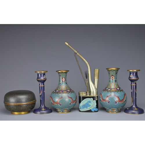 3 - A GROUP OF CHINESE CLOISONNE ENAMEL ITEMS, 19/20TH CENTURY. To include a pair of bottle vases with d... 