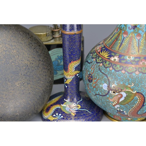 3 - A GROUP OF CHINESE CLOISONNE ENAMEL ITEMS, 19/20TH CENTURY. To include a pair of bottle vases with d... 