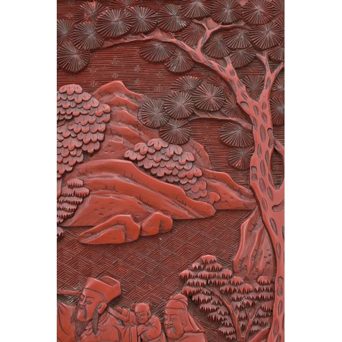 5 - A CHINESE CINNABAR LACQUER PANEL, 19TH CENTURY. Well carved in relief with scholar figures in a land... 