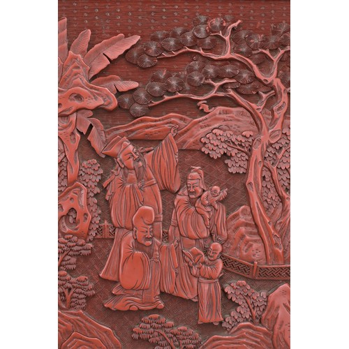 6 - A CHINESE CINNABAR LACQUER PANEL, 19TH CENTURY. Well carved in relief with scholar figures in a land... 