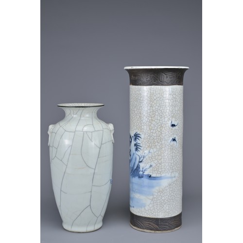 14 - TWO CHINESE PORCELAIN VASES, 19/20TH CENTURY. To include a crackle ware sleeve vase with blue and wh... 