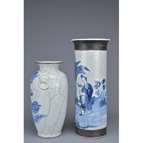 14 - TWO CHINESE PORCELAIN VASES, 19/20TH CENTURY. To include a crackle ware sleeve vase with blue and wh... 