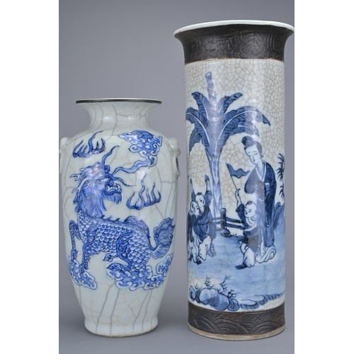 14 - TWO CHINESE PORCELAIN VASES, 19/20TH CENTURY. To include a crackle ware sleeve vase with blue and wh... 