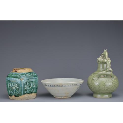 17 - GROUP OF THREE CHINESE CERAMIC ITEMS. To include a celadon 'dragon and phoenix' ewer, a green enamel... 