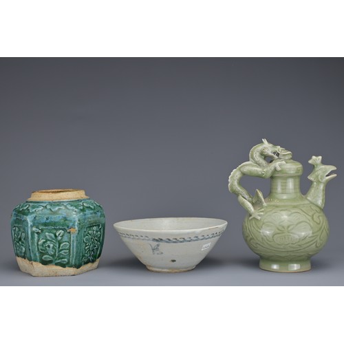 17 - GROUP OF THREE CHINESE CERAMIC ITEMS. To include a celadon 'dragon and phoenix' ewer, a green enamel... 