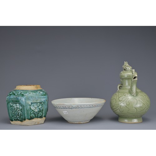 17 - GROUP OF THREE CHINESE CERAMIC ITEMS. To include a celadon 'dragon and phoenix' ewer, a green enamel... 