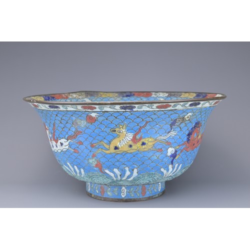 30 - A LARGE CHINESE CLOISONNE ENAMEL BOWL, FANG MING MARK. Blue ground with rounded body and everted rim... 