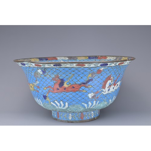 30 - A LARGE CHINESE CLOISONNE ENAMEL BOWL, FANG MING MARK. Blue ground with rounded body and everted rim... 