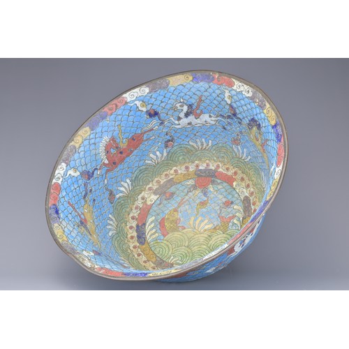 30 - A LARGE CHINESE CLOISONNE ENAMEL BOWL, FANG MING MARK. Blue ground with rounded body and everted rim... 