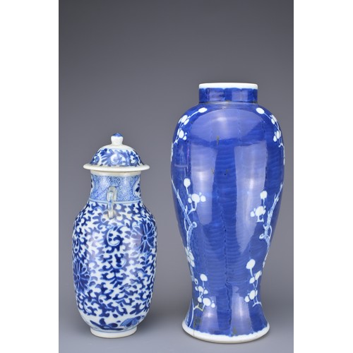 46 - TWO CHINESE BLUE AND WHITE PORCELAIN VASES, 19TH CENTURY. To include a prunus decorated vase with do... 