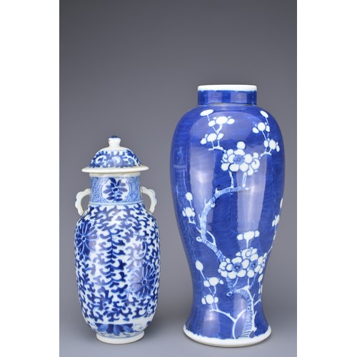 46 - TWO CHINESE BLUE AND WHITE PORCELAIN VASES, 19TH CENTURY. To include a prunus decorated vase with do... 