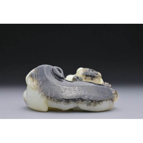 55 - A CHINESE PALE CELADON AND BLACK JADE CARVING OF TWO CATS. In the form of two reclining cats coiled ... 