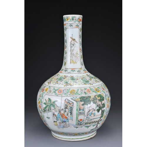 64 - A CHINESE FAMILLE VERTE BOTTLE VASE, 19TH CENTURY. The vase with globular body and long cylindrical ... 