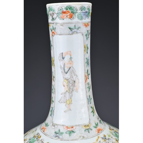 64 - A CHINESE FAMILLE VERTE BOTTLE VASE, 19TH CENTURY. The vase with globular body and long cylindrical ... 