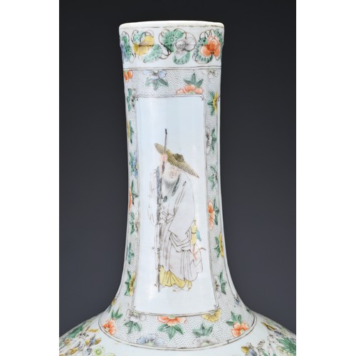 64 - A CHINESE FAMILLE VERTE BOTTLE VASE, 19TH CENTURY. The vase with globular body and long cylindrical ... 