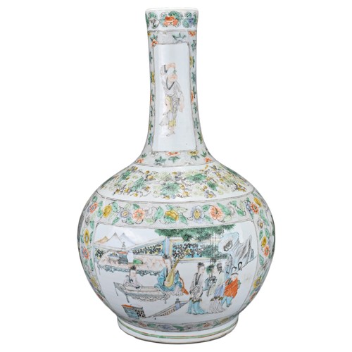 64 - A CHINESE FAMILLE VERTE BOTTLE VASE, 19TH CENTURY. The vase with globular body and long cylindrical ... 