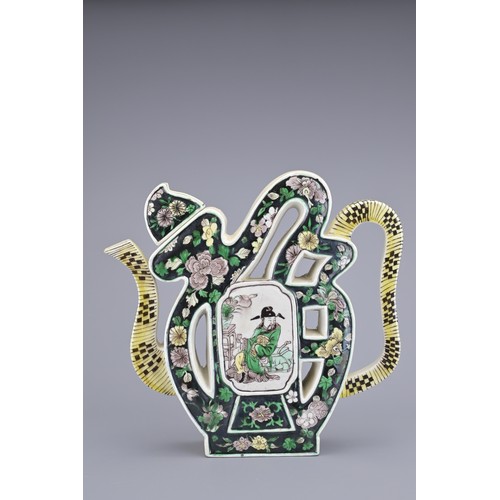 69 - A CHINESE FAMILLE VERTE PORCELAIN 'SHOU' TEAPOT, 19/20TH CENTURY.  The teapot modelled in the form o... 