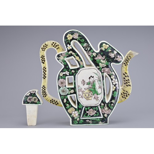 69 - A CHINESE FAMILLE VERTE PORCELAIN 'SHOU' TEAPOT, 19/20TH CENTURY.  The teapot modelled in the form o... 