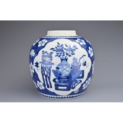 85 - A CHINESE BLUE AND WHITE PORCELAIN GINGER JAR, 18/19TH CENTURY. Decorated with cartouches of preciou... 