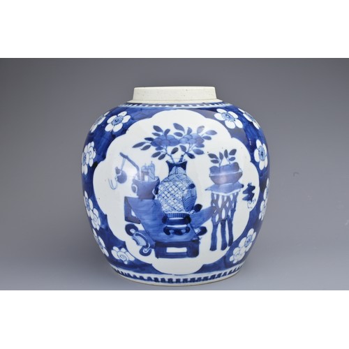 85 - A CHINESE BLUE AND WHITE PORCELAIN GINGER JAR, 18/19TH CENTURY. Decorated with cartouches of preciou... 