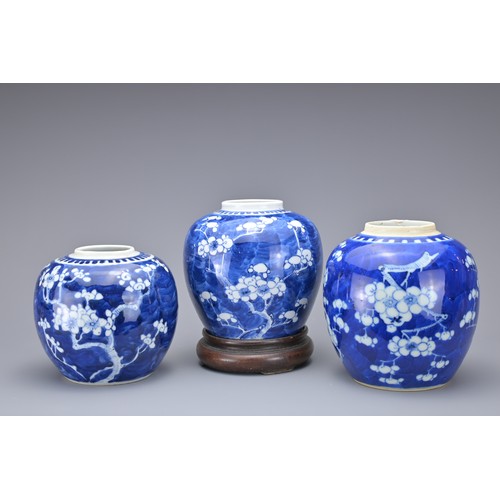 87 - THREE CHINESE BLUE AND WHITE PORCELAIN GINGER JARS, 19/20TH CENTURY. Of graduating sizes with prunus... 