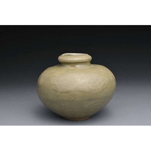 92 - A CHINESE LONGQUAN CELADON JAR, 13TH CENTURY. The rounded globular body with moulded decoration of a... 