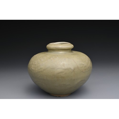 92 - A CHINESE LONGQUAN CELADON JAR, 13TH CENTURY. The rounded globular body with moulded decoration of a... 