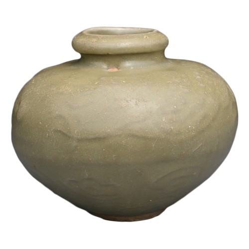 92 - A CHINESE LONGQUAN CELADON JAR, 13TH CENTURY. The rounded globular body with moulded decoration of a... 