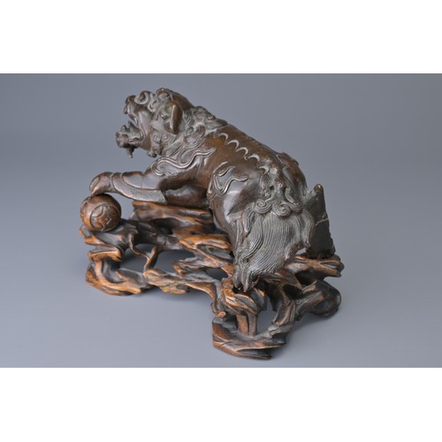 25 - A CHINESE BRONZE MODEL OF DOG OF FO, 18/19TH C. ON WOODEN STAND. The figure heavily cast standing on... 