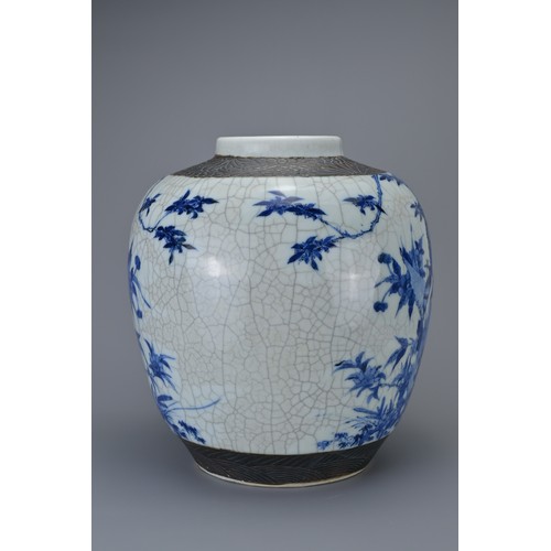 89 - A CHINESE BLUE AND WHITE CRACKLE PORCELAIN GINGER JAR, 19TH CENTURY. Decorated with birds in landsca... 