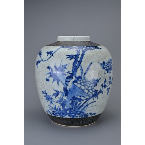 89 - A CHINESE BLUE AND WHITE CRACKLE PORCELAIN GINGER JAR, 19TH CENTURY. Decorated with birds in landsca... 