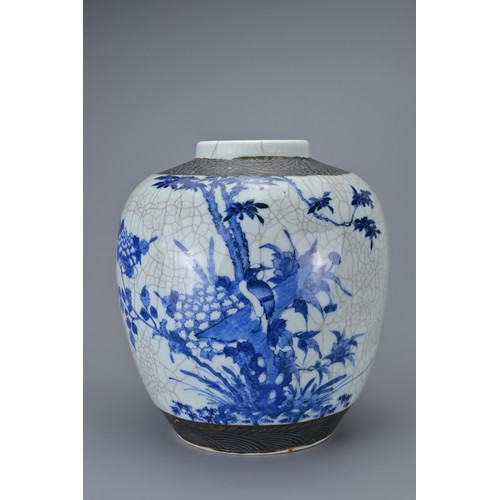 89 - A CHINESE BLUE AND WHITE CRACKLE PORCELAIN GINGER JAR, 19TH CENTURY. Decorated with birds in landsca... 