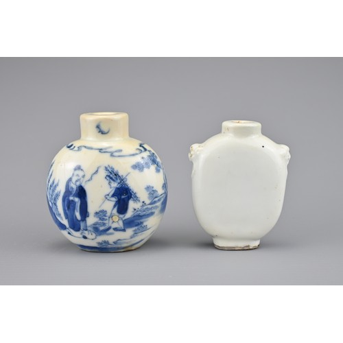 3 - TWO CHINESE PORCELAIN SNUFF BOTTLES, 19TH CENTURY. To include an ovoid blue and white porcelain snuf... 