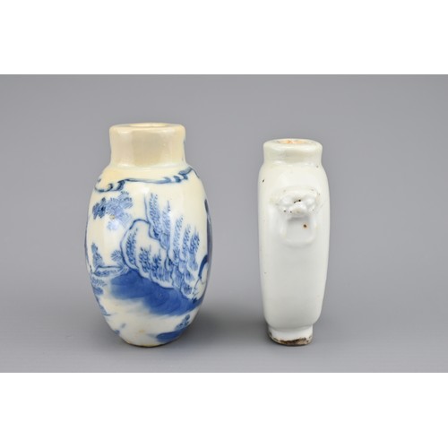 3 - TWO CHINESE PORCELAIN SNUFF BOTTLES, 19TH CENTURY. To include an ovoid blue and white porcelain snuf... 