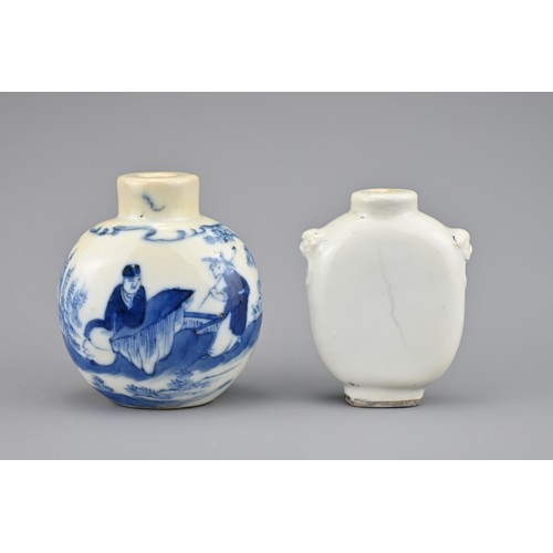 3 - TWO CHINESE PORCELAIN SNUFF BOTTLES, 19TH CENTURY. To include an ovoid blue and white porcelain snuf... 