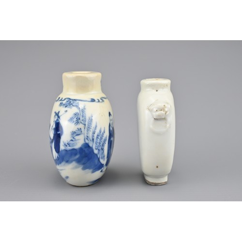 3 - TWO CHINESE PORCELAIN SNUFF BOTTLES, 19TH CENTURY. To include an ovoid blue and white porcelain snuf... 