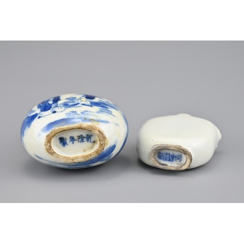 3 - TWO CHINESE PORCELAIN SNUFF BOTTLES, 19TH CENTURY. To include an ovoid blue and white porcelain snuf... 