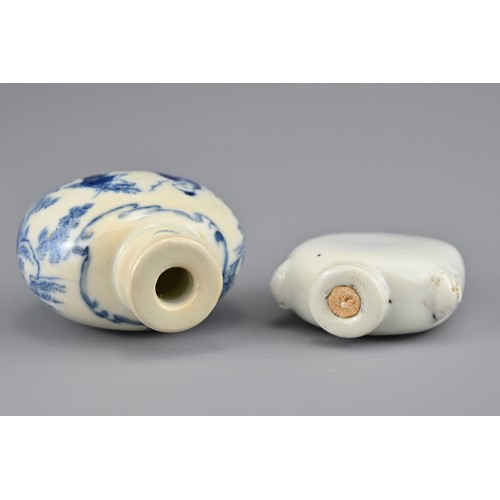 3 - TWO CHINESE PORCELAIN SNUFF BOTTLES, 19TH CENTURY. To include an ovoid blue and white porcelain snuf... 