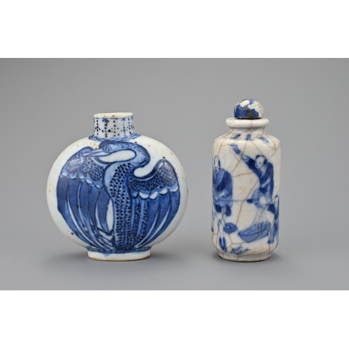 11 - TWO CHINESE BLUE AND WHITE PORCELAIN SNUFF BOTTLES, 19TH CENTURY. To include a flattened ovoid bottl... 